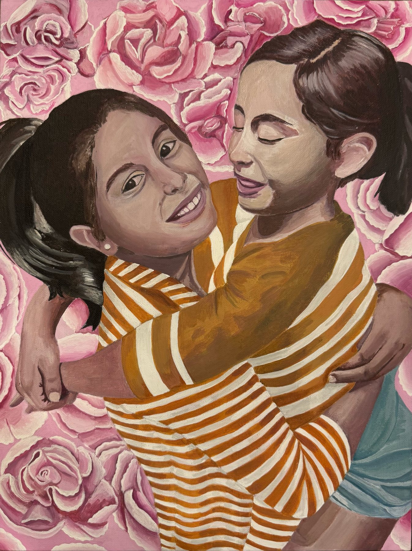 Painting of two girls hugging, one in an orange striped shirt, against a background of pink roses.