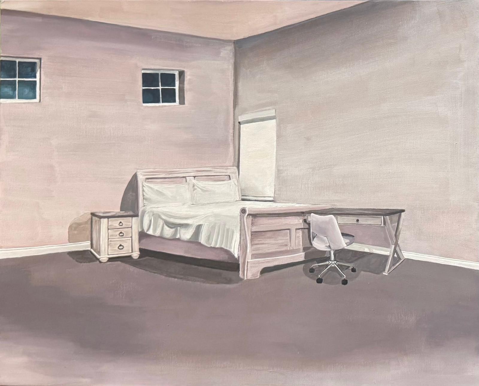 Muted painting of a spare bedroom with a white bed, nightstand, desk, and office chair under two small windows.