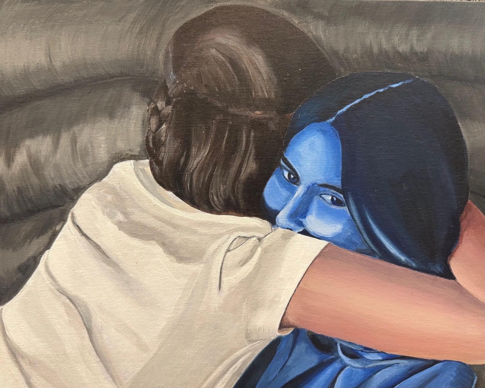 Painting of two figures hugging on a dark couch; one face is rendered in vivid blue tones.