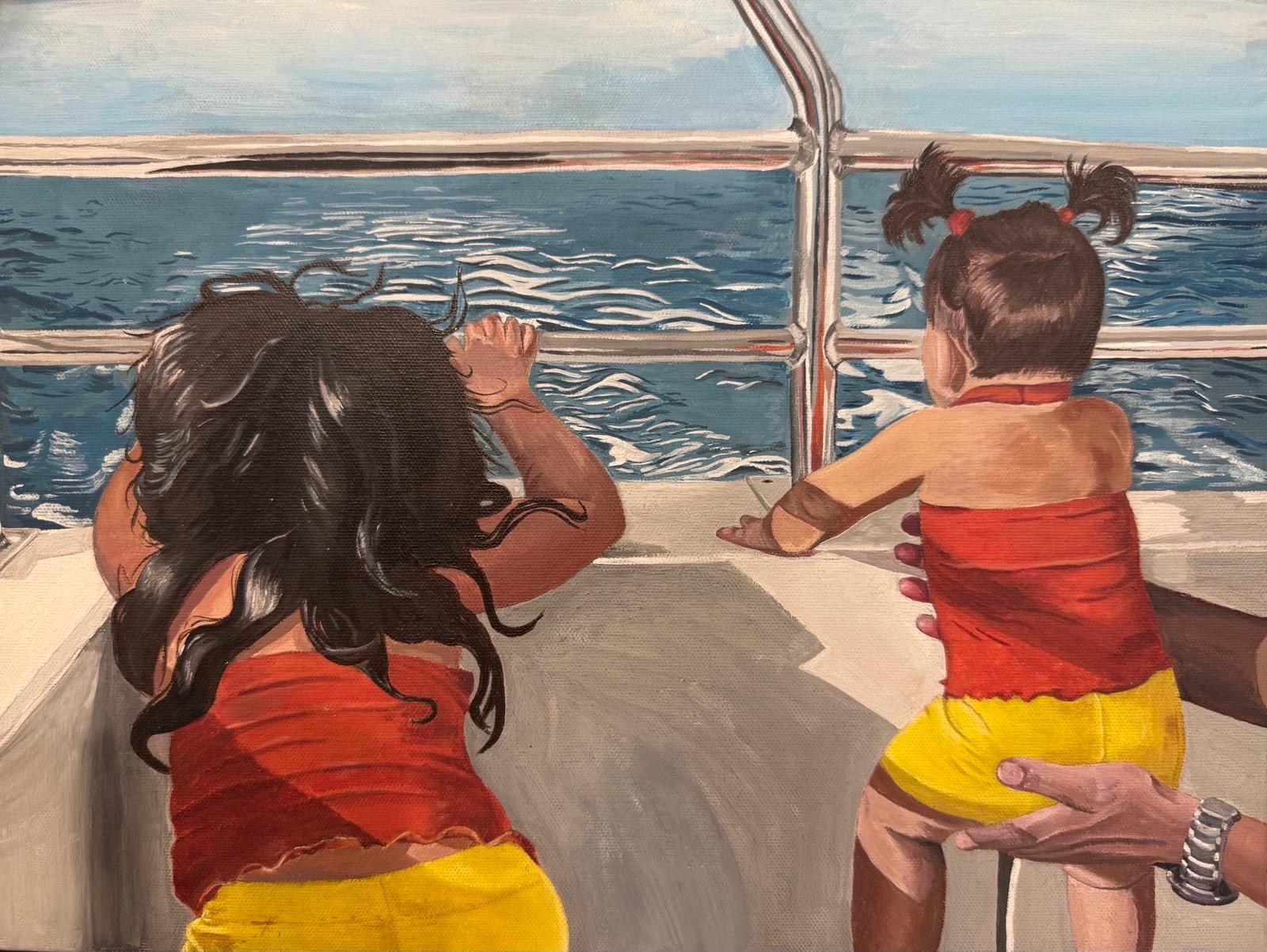 Painting of two young girls in red and yellow swimsuits at a boat railing over blue water, a painted adult hand with a wristwatch steadying the younger one.
