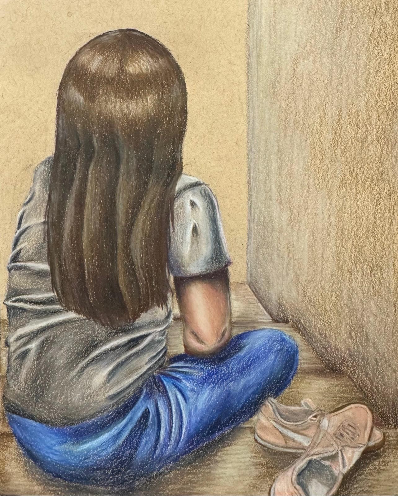 Colored pencil drawing of a girl seated on the floor, seen from behind with long hair, next to a pair of ballet flats.