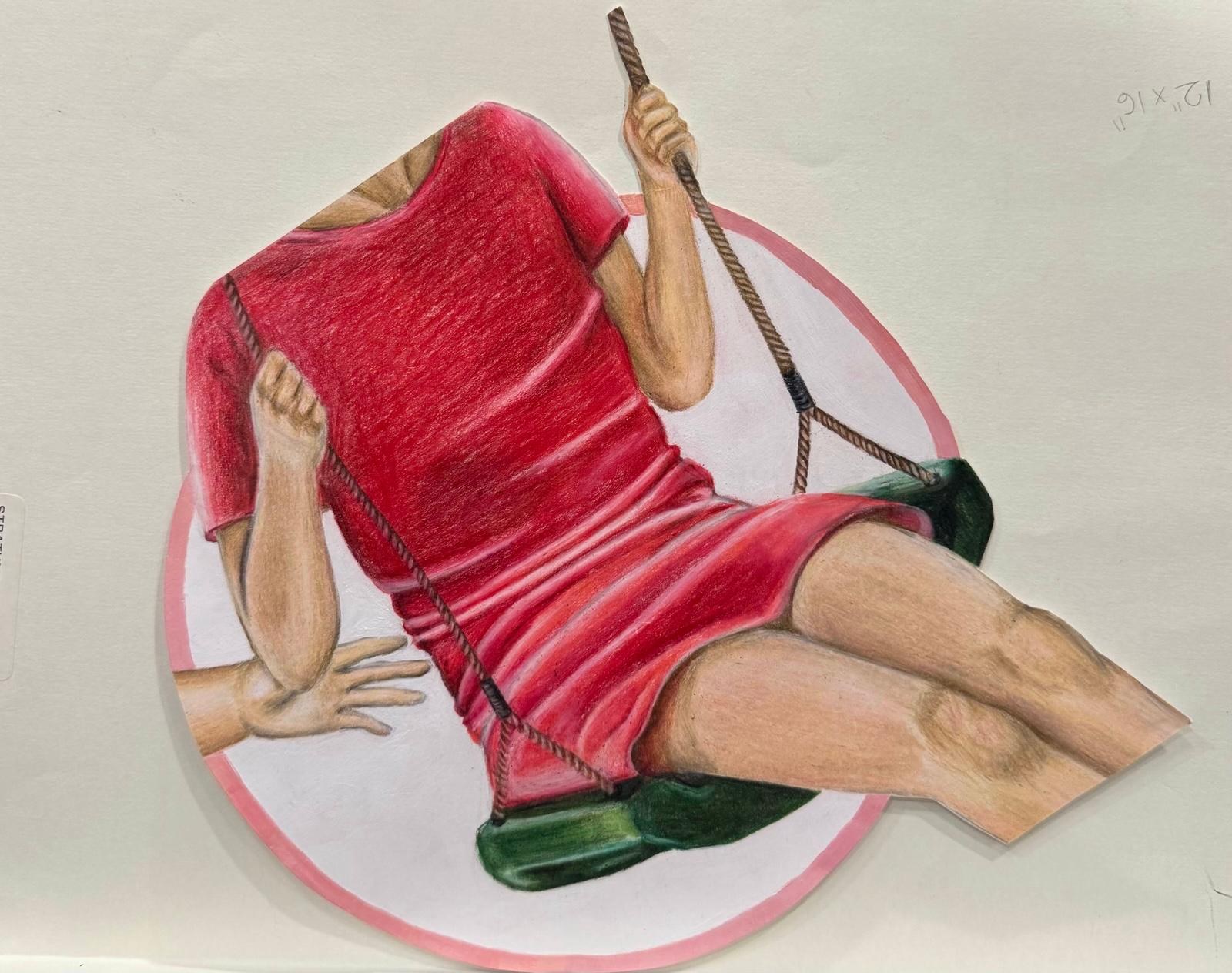 Cut-out colored pencil drawing of a figure in a red dress on a green swing, a second hand reaching in from the left.