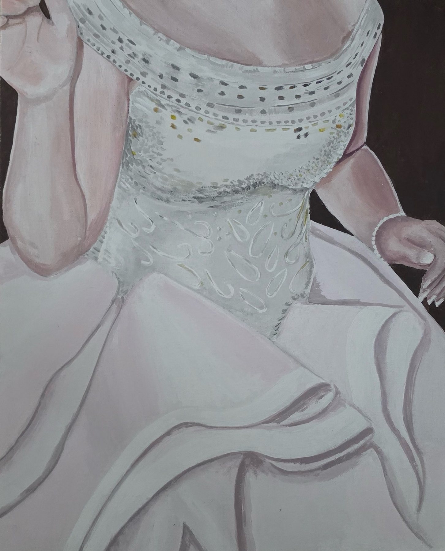 Soft-toned painting of a figure in a white beaded dress with flowing pale pink fabric against a dark background.