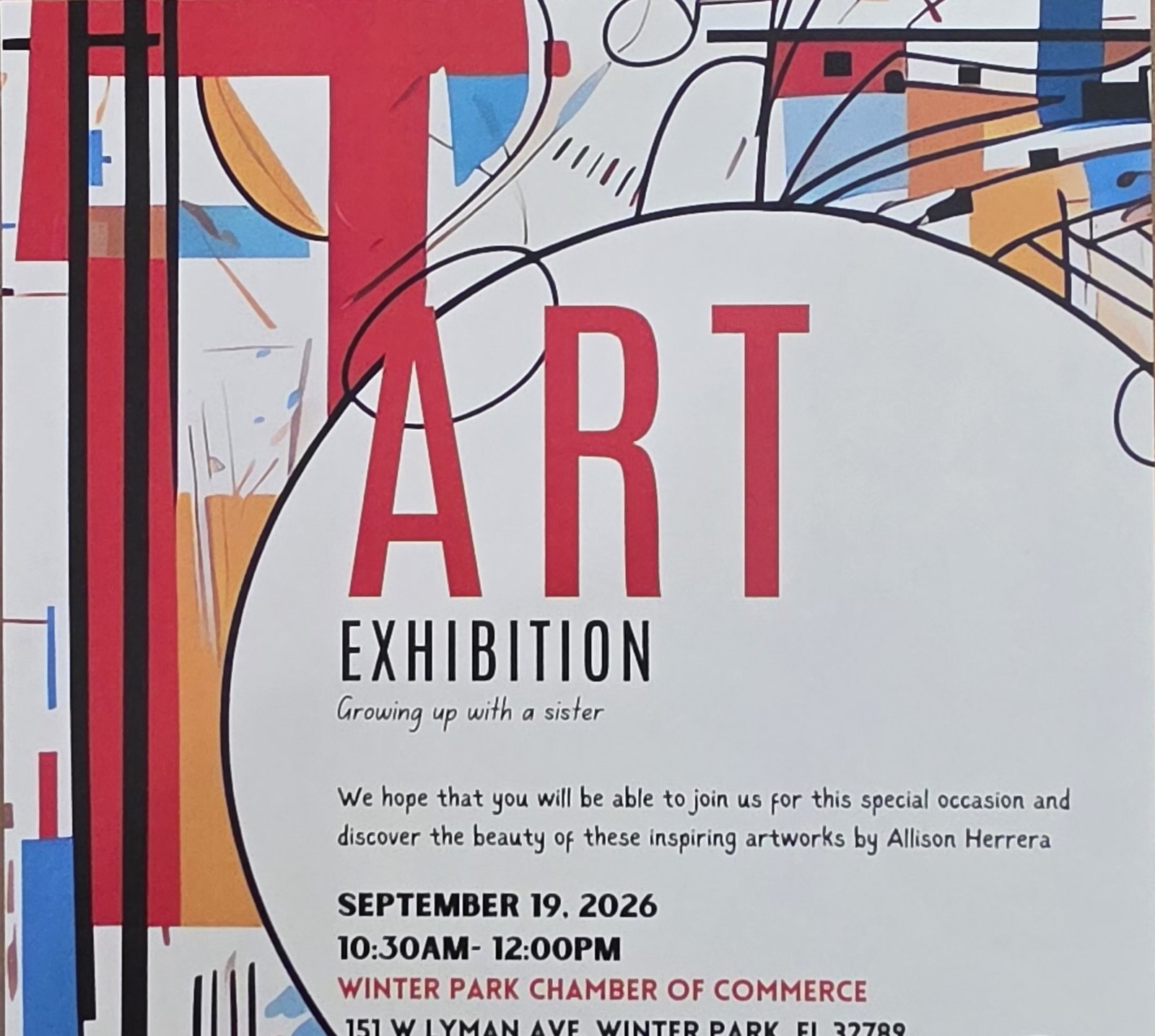 Printed invitation for the Growing up with a sister art exhibition, September 19, 2026 at the Winter Park Chamber of Commerce.